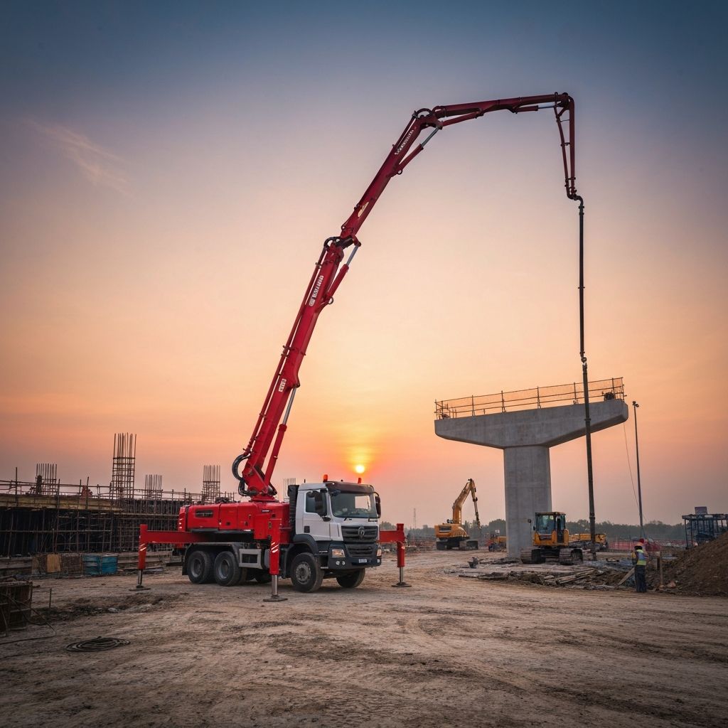 Concrete boom pump at a construction site